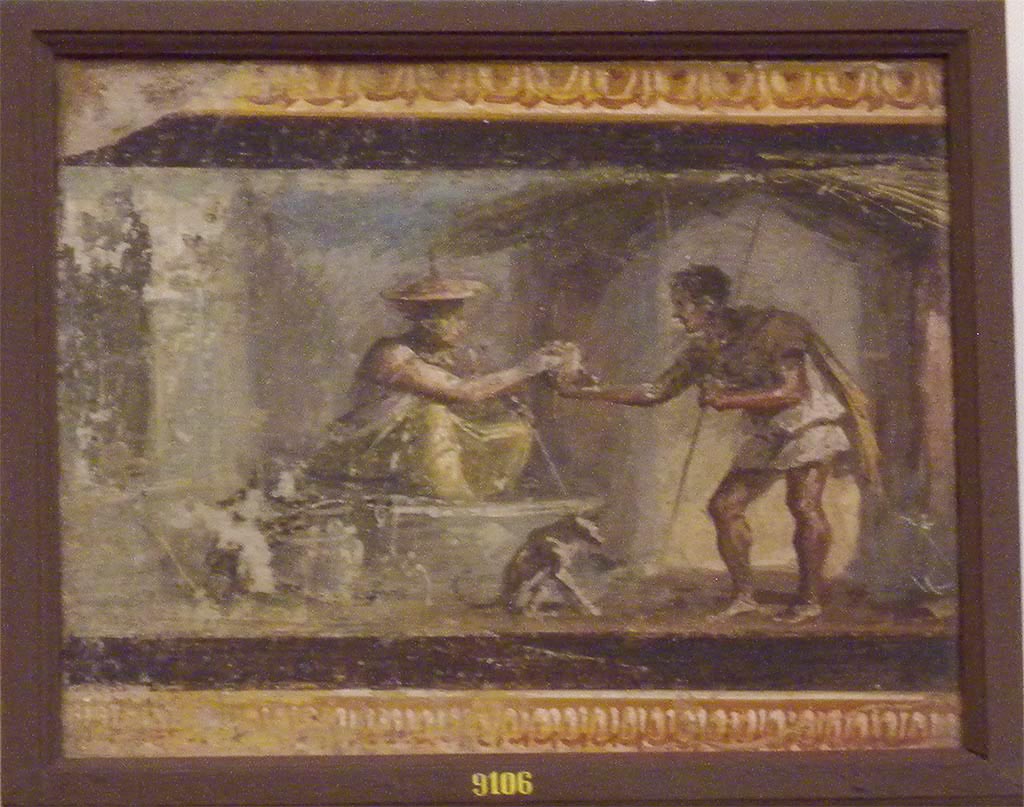 VI.9.6 Pompeii. Found on 18th June 1828 in room 9, on upper section frieze at east end of south wall of tablinum. 
Wall painting of a woman offering a drink to a traveller. 
It has also been interpreted as “Oedipus and the Sphynx” or as a magician predicting the future. 
Now in Naples Archaeological Museum. Inventory number 9106.
