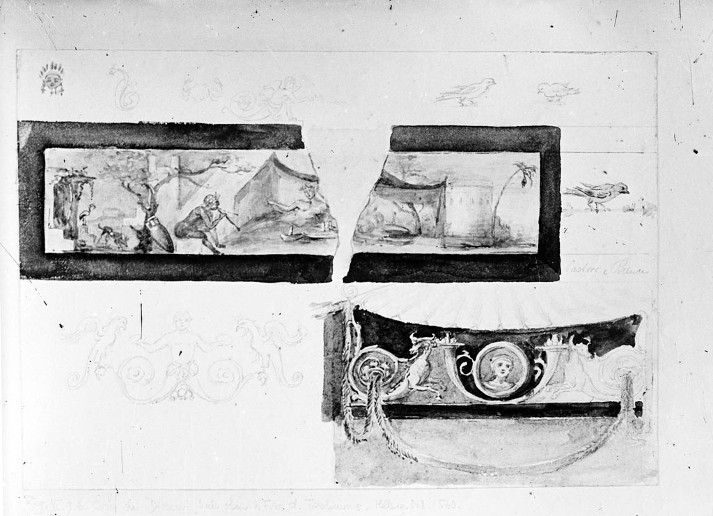 VI.9.6 Pompeii. W.199. Room 9, tablinum. 
Drawing of wall decorations, the top drawing could be seen on the upper section frieze at the west end of the south wall.
Photo by Tatiana Warscher. Photo © Deutsches Archäologisches Institut, Abteilung Rom, Arkiv. 
