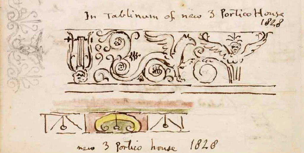 VI.9.6 Pompeii. 1828. Room 9, tablinum, drawing by Gell of detail of decoration. He originally called this house, the 3 Portico House.
See Gell, W. Sketchbook of Pompeii, c.1830. 
See book from Van Der Poel Campanian Collection on Getty website http://hdl.handle.net/10020/2002m16b425

 
