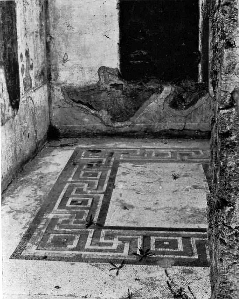 VI.9.6 Pompeii. c.1930. Room 12, looking north across coloured mosaic floor from doorway.
See Blake, M., (1930). The pavements of the Roman Buildings of the Republic and Early Empire. Rome, MAAR, 8, (p.71, & Pl.17, tav.1).
