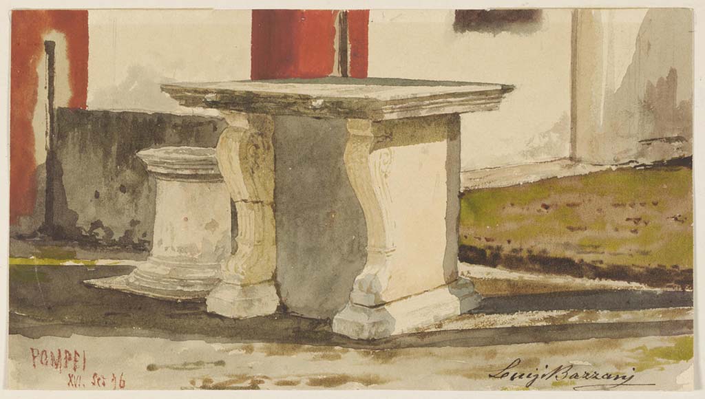 VI.9.6 Pompeii. 16th September 1876. 
Watercolour by Luigi Bazzani, looking towards north-east corner of pseudo-peristyle, with puteal and table.
Photo © Victoria and Albert Museum. Inventory number 2047-1900.
