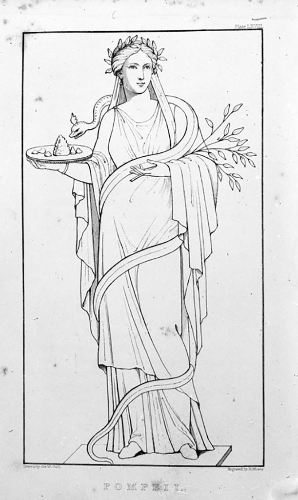 VI.9.6 Pompeii. W.224. 
Room 6, drawing of wall painting of Priestess with serpent, or also thought to be Hygeia.
This was found on the north side of the pilaster in the north-east corner of the peristyle.
See Dobbins, J. J. and Foss, P. W., 2008. The World of Pompeii. Oxford: Routledge. (p.533)
See Helbig, W., 1868. Wandgemälde der vom Vesuv verschütteten Städte Campaniens. Leipzig: Breitkopf und Härtel. (1819)
See Gell, W, 1832. Pompeiana: Vol 2. London: Jennings and Chaplin. (p.147, taf 68)  
Photo by Tatiana Warscher. Photo © Deutsches Archäologisches Institut, Abteilung Rom, Arkiv. 

