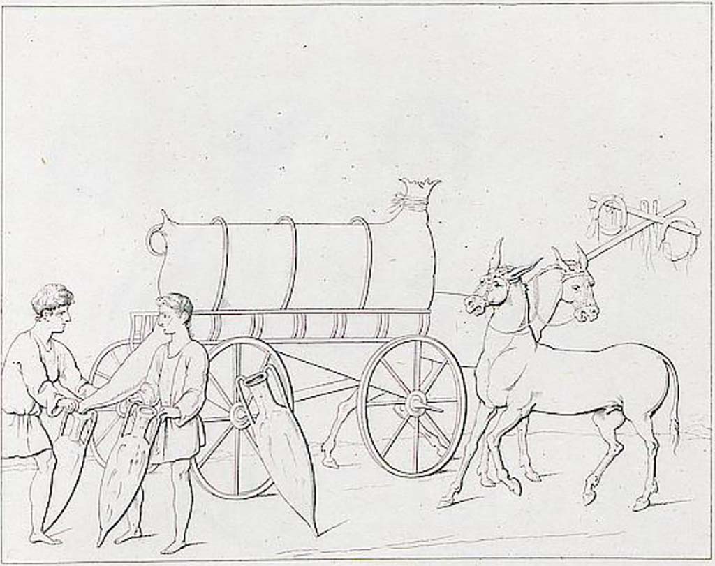 VI.10.1 Pompeii. 1827. North wall of rear room, drawing of fresco of cart delivering wine, with the mules resting un-harnessed.  
According to RMB there were two separate paintings of a wine cart. 
See Real Museo Borbonico IV (1827), Notizie degli Scavi p. 2, Tav. A.
A second painting of the same subject was also found on the east wall of front room on the south side of the doorway to rear room.  
See Bragantini, de Vos, Badoni, 1983. Pitture e Pavimenti di Pompei, Parte 2. Rome: ICCD. (p.228, ambiente ‘c’).

