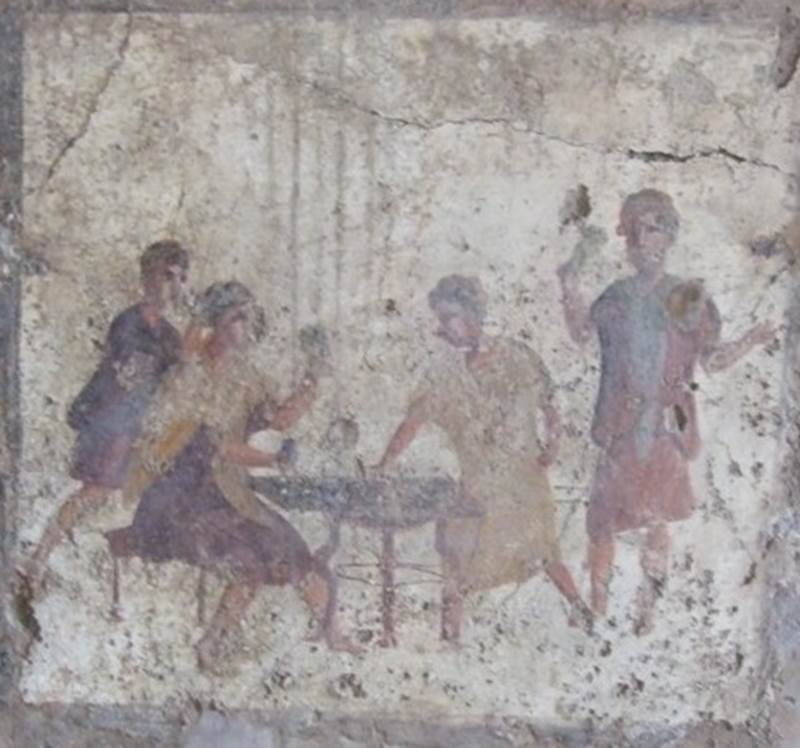 VI.10.1 Pompeii.  March 2009.  Rear room on north side.  Fresco on south wall.  Painting of men gambling.