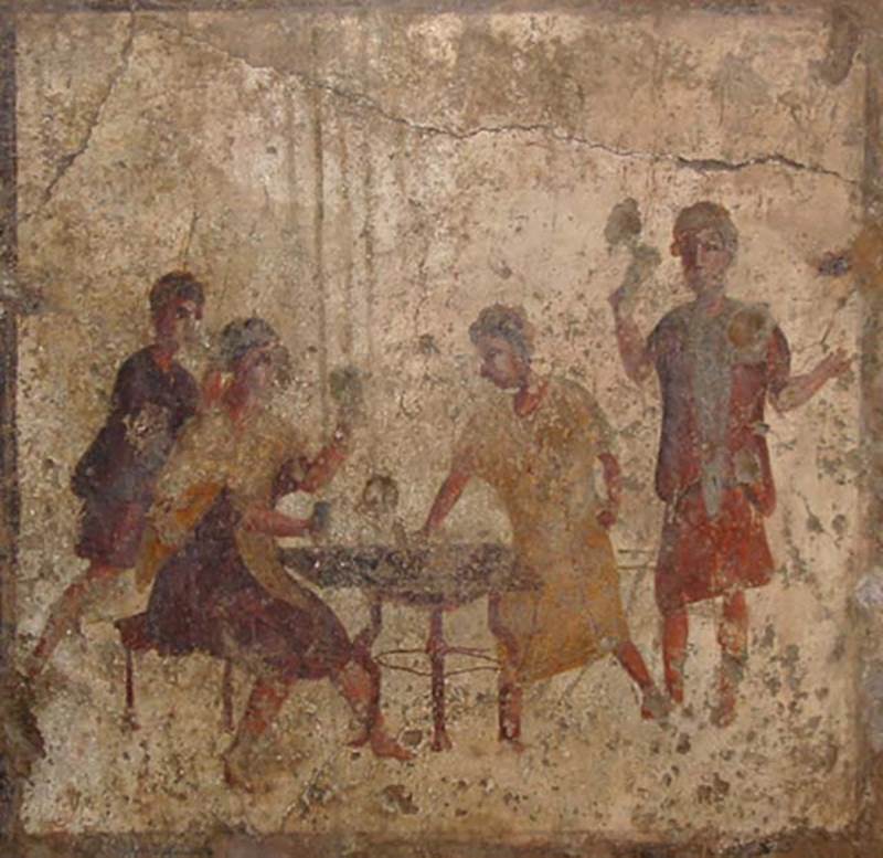 VI.10.1 Pompeii. May 2003. Fresco from east end of south wall of rear room. Painting of men gambling. Photo courtesy of Nicolas Monteix.
