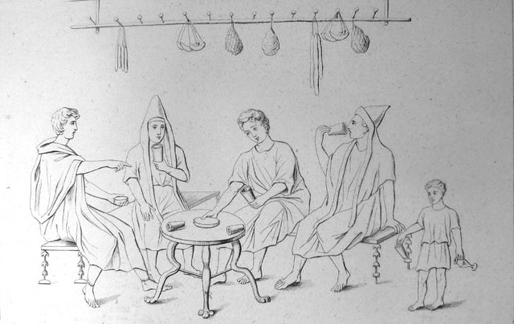 VI.10.1 Pompeii. Drawing of fresco on south wall of rear room.  People at a table with sausages, onions and other food hanging above them.