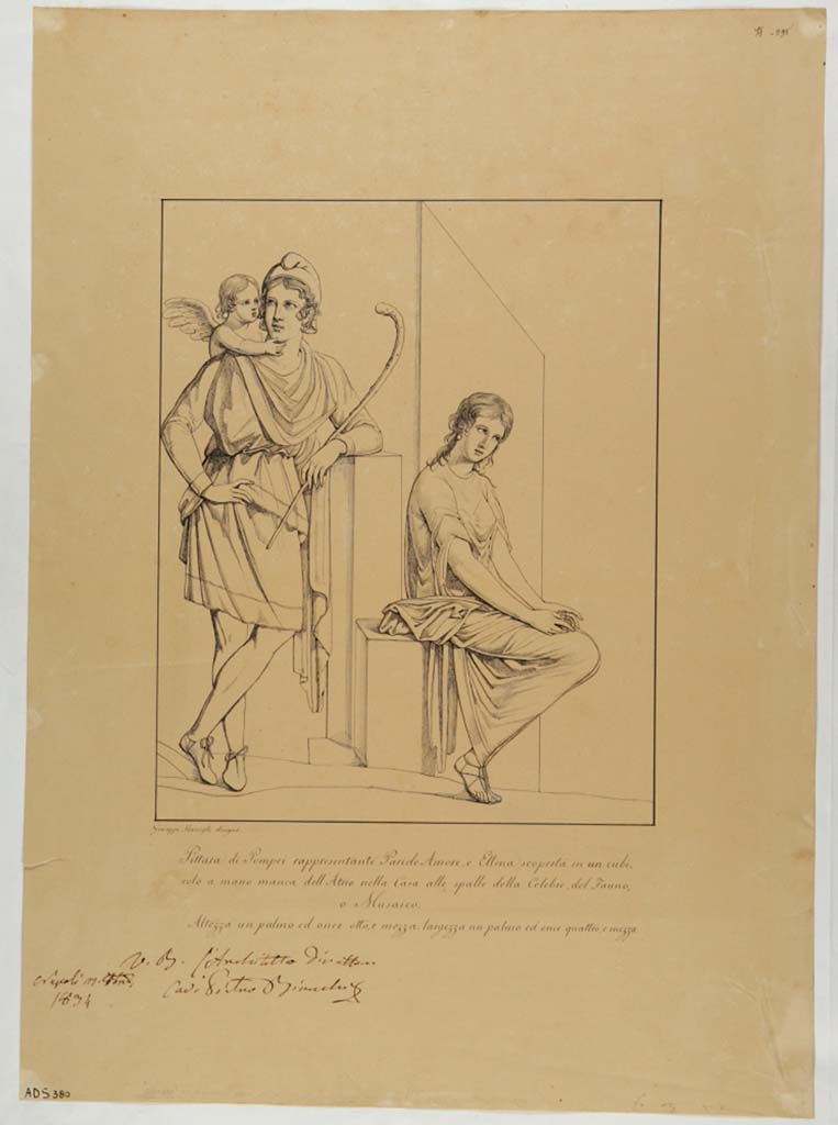 VI.11.10 Pompeii. Room 29.
Drawing by Giuseppe Marsigli, this had previously been identified as Paris and Helen, but later thought to be Paris and Oenone.
Now in Naples Archaeological Museum. Inventory number ADS 380.
Photo  ICCD. https://www.catalogo.beniculturali.it
Utilizzabili alle condizioni della licenza Attribuzione - Non commerciale - Condividi allo stesso modo 2.5 Italia (CC BY-NC-SA 2.5 IT)

