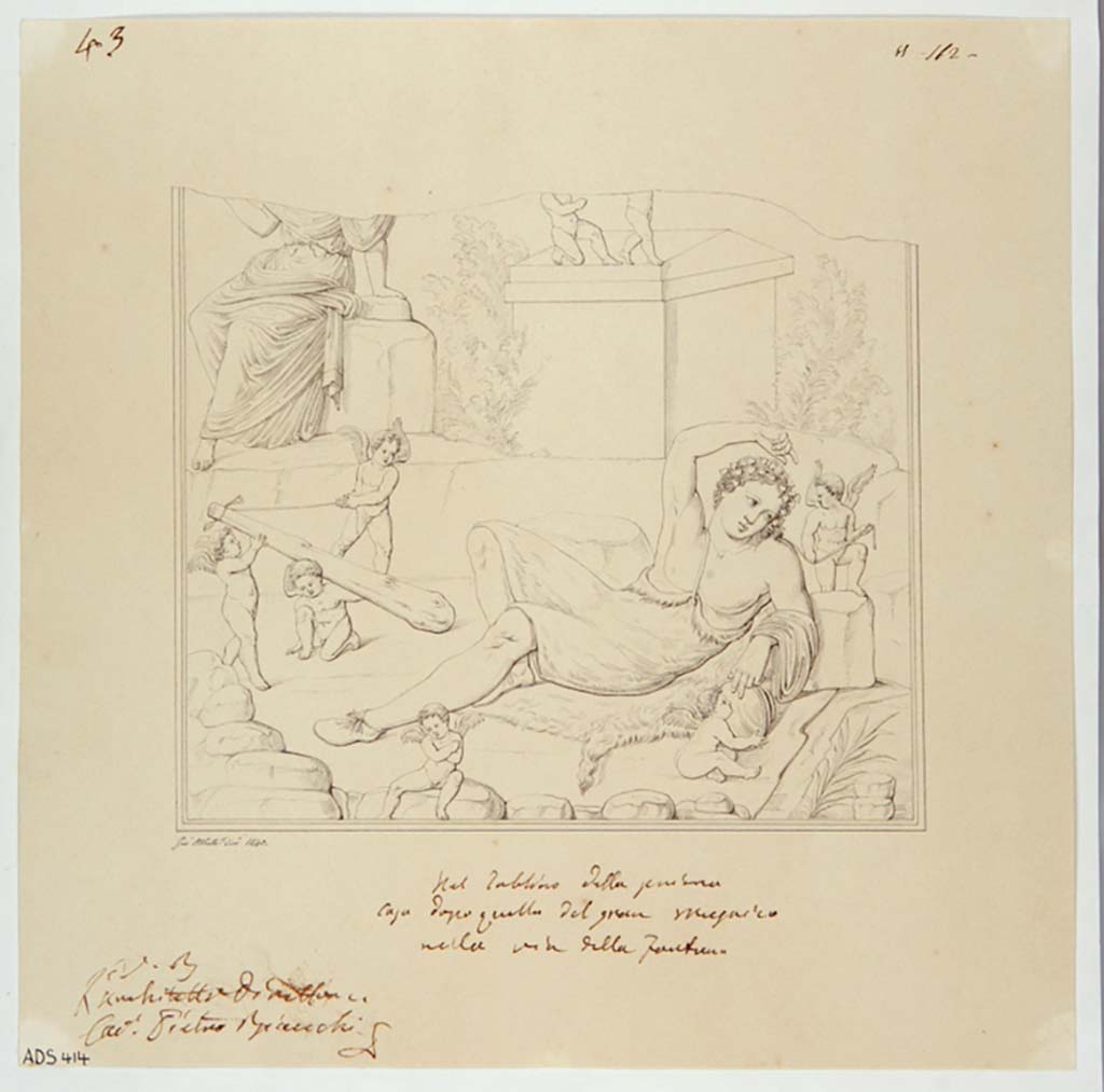 VI.13.6 Pompeii. Drawing by Giuseppe Abbate, 1840, of painting on west wall of tablinum, showing Hercules and Omphale, but only preserved on the lower part.
Now in Naples Archaeological Museum. Inventory number ADS 414.
Photo © ICCD. http://www.catalogo.beniculturali.it
Utilizzabili alle condizioni della licenza Attribuzione - Non commerciale - Condividi allo stesso modo 2.5 Italia (CC BY-NC-SA 2.5 IT)
This painting was detached and taken to Naples Archaeological Museum, Senza Inv. Numero, (without an inventory number).
See Helbig, W., 1868. Wandgemälde der vom Vesuv verschütteten Städte Campaniens. Leipzig: Breitkopf und Härtel, (1138).

