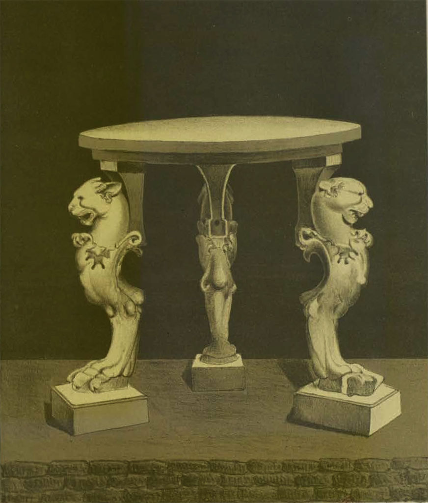 VI.13.13 Pompeii. Drawing of marble table in peristyle, “whose feet are artistically worked”. 
See Presuhn, E. Pompei les dernières fouilles de 1874-75, section VI, plate V.
