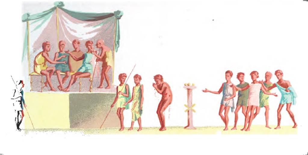 VI.14.22 Pompeii. 1878 drawing of painting of festiva in room 12, south wall of raised level. See Presuhn E., 1878. Pompeji: Die Neuesten Ausgrabungen  von 1874 bis 1878. Leipzig: Weigel. (IV, Plate V)