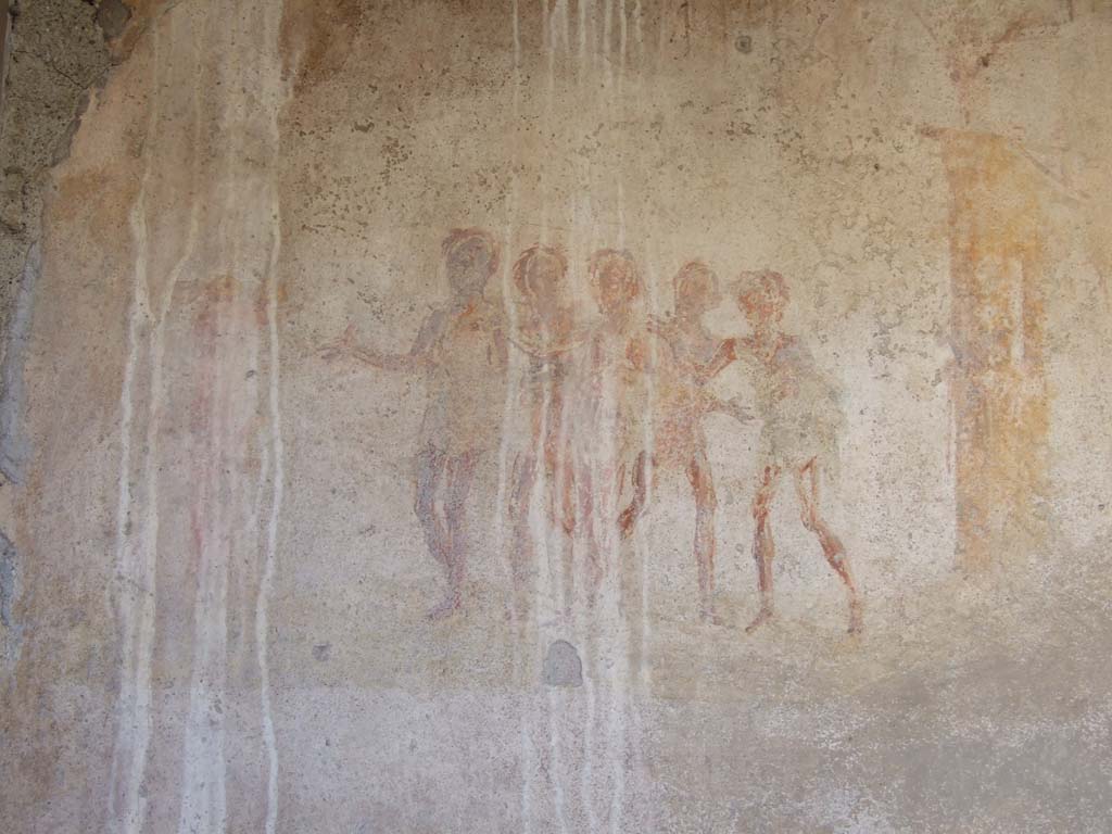 VI.14.22 Pompeii. December 2007. Room 12, south wall of raised level with wall painting of five figures.