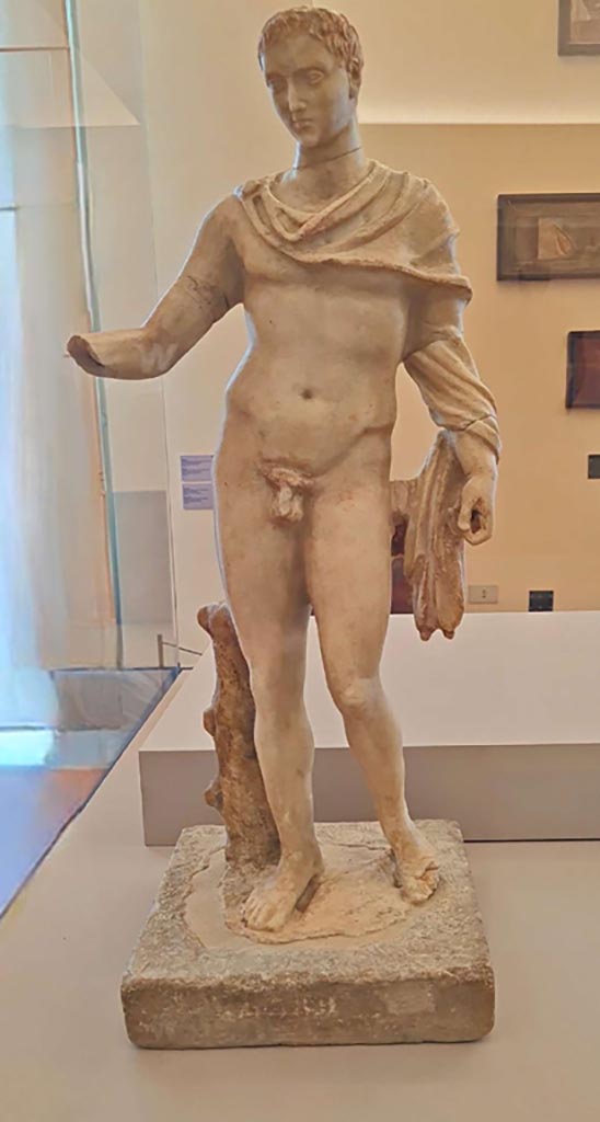 VI.14.43 Pompeii. October 2023. 
Marble statue of Hellenistic ruler, inv. 126249. Photo courtesy of Giuseppe Ciaramella. 
According to MANN description card below, this is the marble statue from VI.14.43, but Jashemski disagrees, see below.
On display in “L’altra MANN” exhibition, October 2023, at Naples Archaeological Museum.
