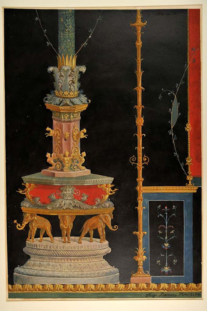 VI.15.1 Pompeii. c.1897. North wall.
Watercolour by Luigi Bazzani showing detail of painted decoration on north wall between the west side and central panels.
