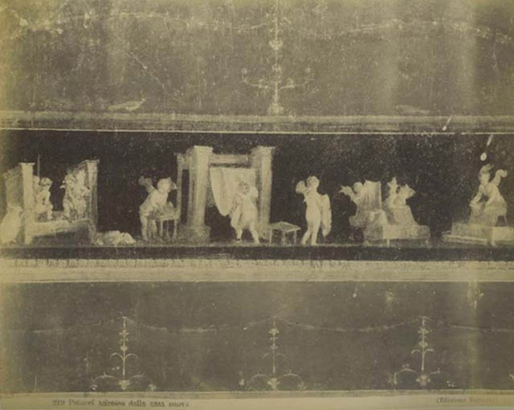 VI.15.1 Pompeii. Mid 1890’s photograph by Esposito no. 219. Detail of cupids cleaning clothes in a fullery, from east wall in north-east corner. Photo courtesy of Rick Bauer.
