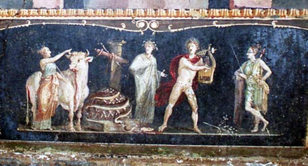 VI.15.1 Pompeii. October 2001. Detail from east wall of painting of Apollo and Diana after the killing of the python. Photo courtesy of Peter Woods.
