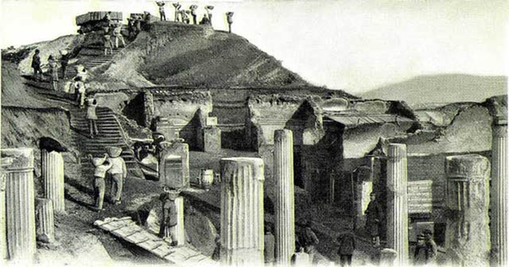 VI.15.1 Pompeii. c.1894. Looking east from north-west corner of peristyle during the excavations. The marble pedestals for statues from the middle of the east portico can be seen in the lower centre. The entrance doorway, looking east out onto the vicolo, cam be seen In the centre of the photo.  Photo courtesy of Rick Bauer.

