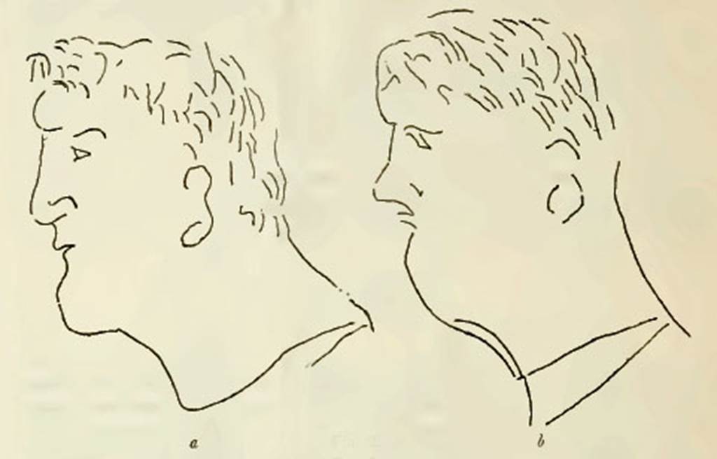 VI.15.16 Pompeii. Drawings of two mens heads found on the north wall. The first was 0.15m high. The second was 0.16m high. Under the lower head was another human foot and a hand. See Notizie degli Scavi, November 1897, (p.462, fig. 2).
