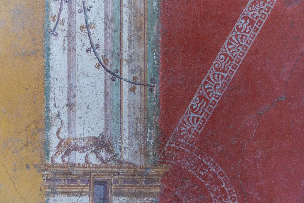 VI.16.15 Pompeii. January 2024. Room F, detail from west wall at north end. Photo courtesy of Johannes Eber.