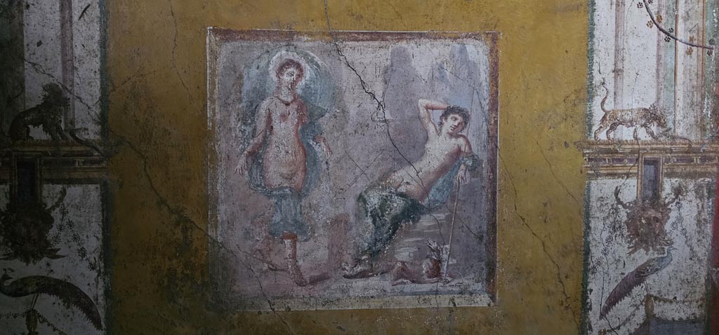 VI.16.15 Pompeii. December 2023. West wall of room F, central wall painting of Selene and Endymion. Photo courtesy of Miriam Colomer.

