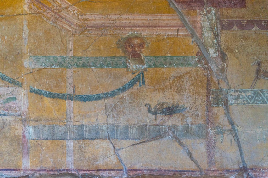 VI.16.15 Pompeii. January 2024. Room F, detail from upper north end of west wall. Photo courtesy of Johannes Eber.