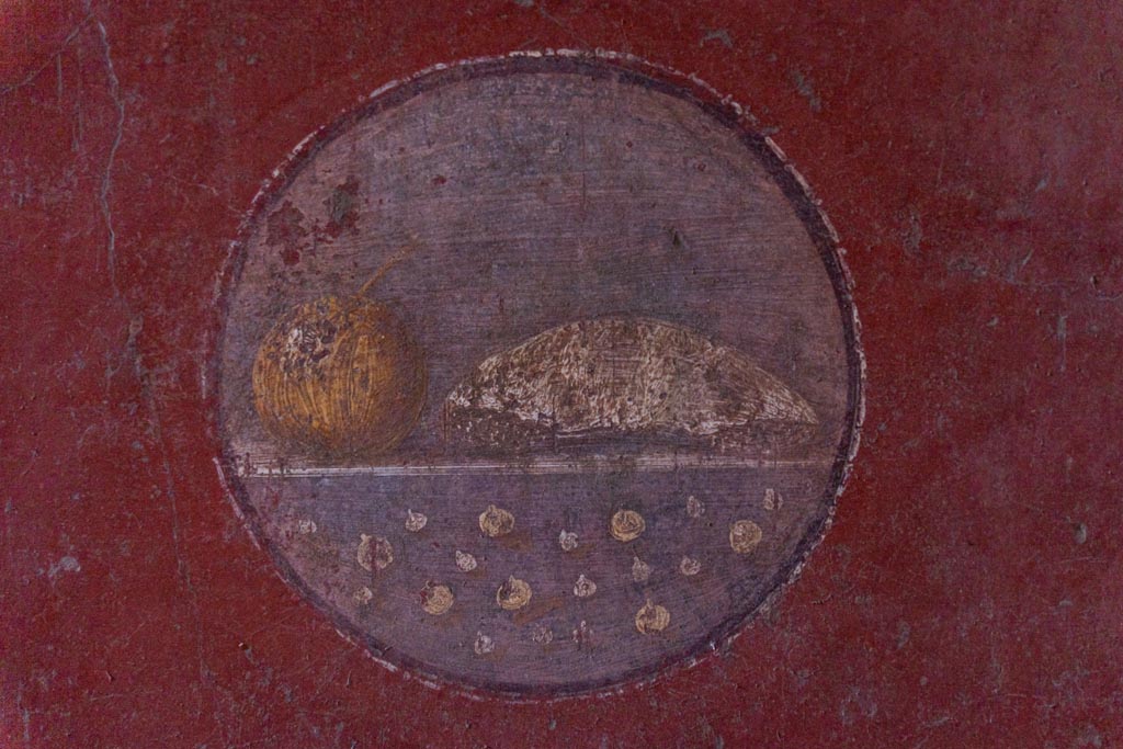 VI.16.15 Pompeii. January 2024. Room F, medallion with painting of food, from south end of east wall. Photo courtesy of Johannes Eber.