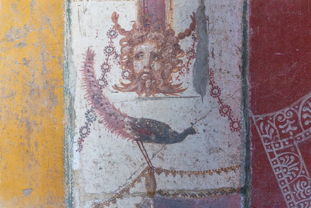 VI.16.15 Pompeii. January 2024. Room F, detail from south end of central painting on east wall. Photo courtesy of Johannes Eber.
