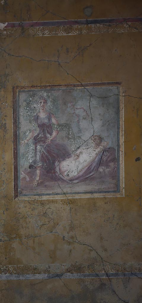 VI.16.15 Pompeii. December 2023.
Room F, central painting of The Sleeping Ariadne, from east wall. 
Photo courtesy of Miriam Colomer.
