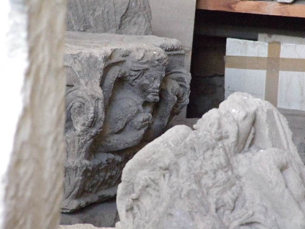 VI.17.17 Pompeii. December 2007. Detail of Capital, on left, photographed in storage at Forum Granaio VII.7.29.
