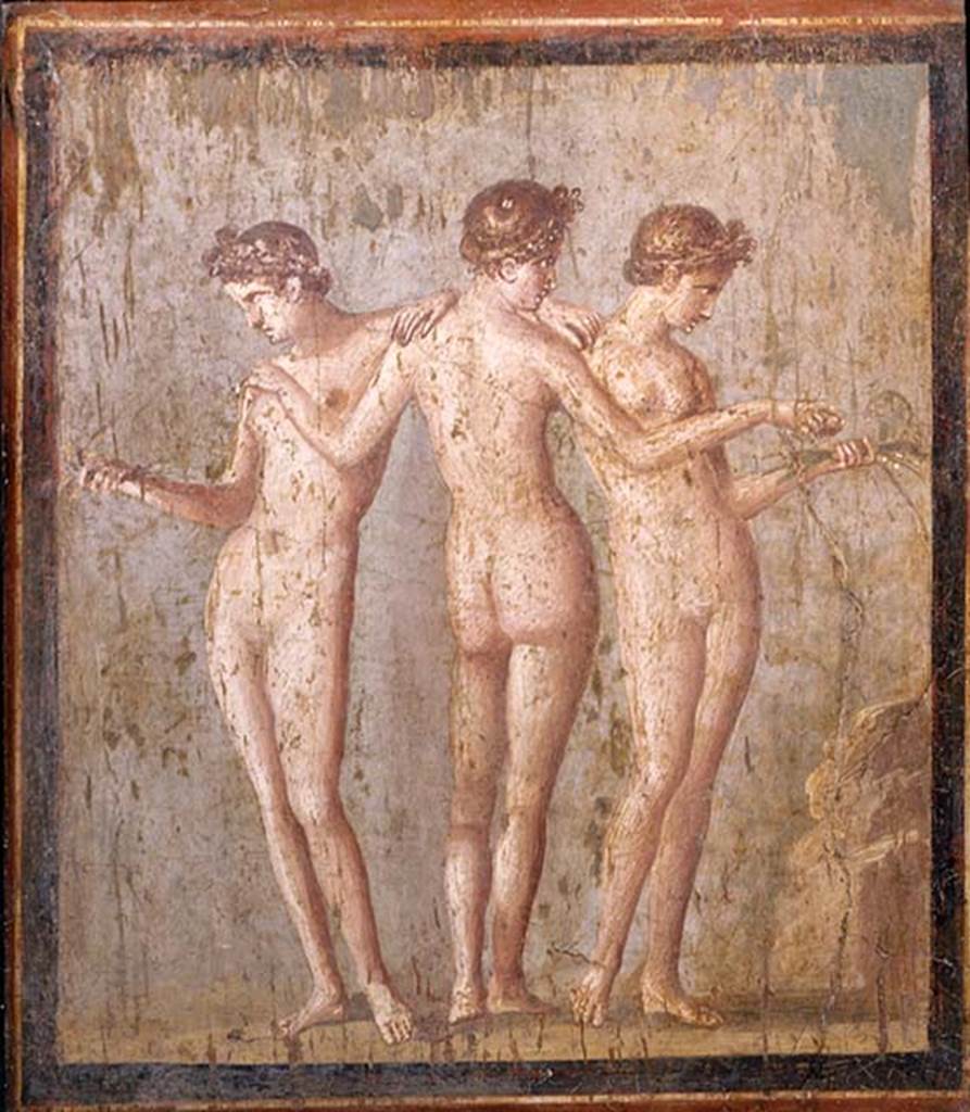 VI.17.36 Pompeii. Found on 12 July 1760. Painting of the three graces.
Now in Naples Archaeological Museum.  Inventory number 9231.
This was found in VI Ins Occ. The exact location is unclear.

VI.17.36  
See Pagano, M. and Prisciandaro, R., 2006. Studio sulle provenienze degli oggetti rinvenuti negli scavi borbonici del regno di Napoli.  
Naples: Nicola Longobardi, p. 35. (PAH,1,1,113)

The excavations at Civita on 12th July 1760 - 
See Antichit di Ercolano: Tomo Terzo, 1762, p. 57-61, pl. 11.

VI.17.31  
See Mattusch C., 2008. Pompeii and the Roman Villa. Thames and Hudson, p. 243.

Masseria Irace  
This painting, together with two others, was found under the land of Masseria Irace.
By July 1760, the excavators had returned to the Irace property and removed a set of three panel paintings.
One was the myth of Phryxis and Helle, another was a Satyr discovering a Hermaphrodite or Nymph, and the third was the Three Graces.  
From a nearby colonnaded garden (VII.6.3), came the marble statue of Diana.
See PAH 1, 1, 113-4, 12-19th July 1760.
