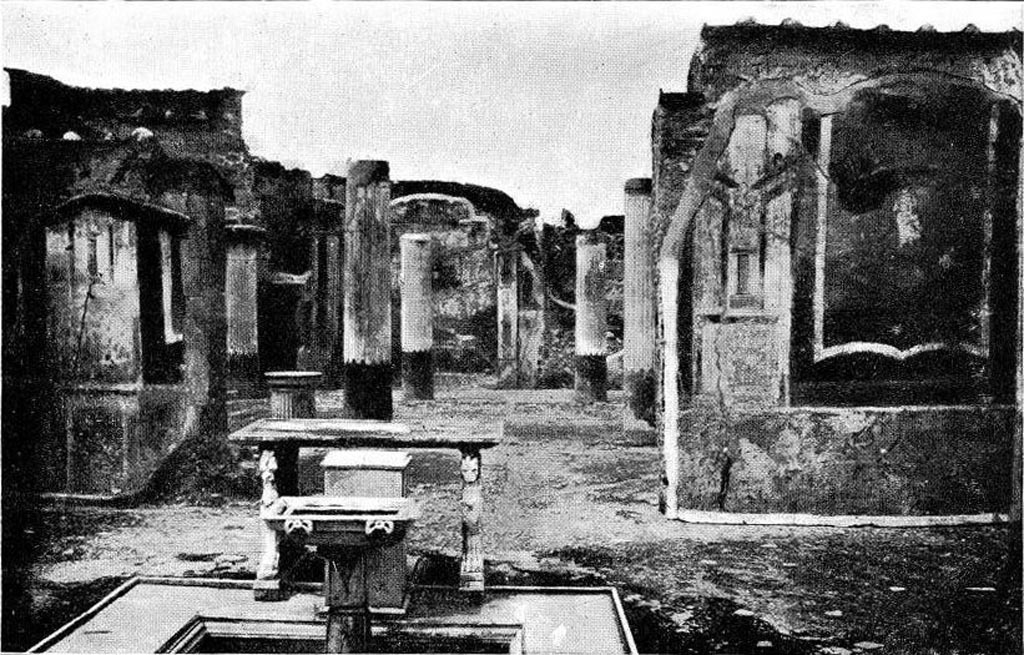 VII.1.25 Pompeii. c.1915 photo. Looking west across atrium 24 through peristyle 31 to exedra 33. Photo courtesy of Rick Bauer.
According to Breton [1855], a large doorway gives entry to the large peristyle of 14 m 10 and 11 metres deep; It was supported by ten columns, which still carry a fragment of entablature. In the right corner is a recess, a kind of cabinet, where we found a few small terracotta vases. The walls of the peristyle were decorated with alternately red and yellow panels with figures of Diana, of Leto, of Victories, Bacchae, etc. Right at the bottom of the peristyle are a triclinium where are the weak remnants of two Geniuses and a greyhound and in the middle, a small oecus preceded by two ornate pillars of rich arabesques of a style a lot less light than in other buildings in Pompeii. On the left wall was a mediocre but interesting painting of the subject in which Mr. Minervini recognized Alcmaeon killing his mother Eriphyle; this painting has been removed [to the Naples Museum]. Finally to the left of the oecus, in a small room, are several heads in medallions and three paintings, Venus and Adonis, Diana and Endymion, and a scene in which the same scientist saw Orestes and Pylades recognized by Iphigenia, and thinking how to flee from Tauris; we thought ourselves that it was probably Leda and the Dioscuri, a subject that seemed more in relation to the mythological compositions that surround it; today a further assumption is issued by Mr. Ed. Brizio; the absence of heroic costume, the hue of realism that dominates in this composition made him think that the seated figure that he took for a woman is something else, that of a magistrate dressed in gown listening to two litigants, and Mr. Minervini agreed with this opinion.
See Breton, Ernest. 1855. Pompeia, décrite et dessine : Seconde édition. Paris, Baudry, p. 316.
