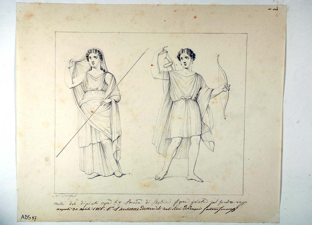 VI.1.25 Pompeii. Drawing by Nicola La Volpe, April 1855, of Leto and Artemis (Helbig 170 and 238) on a red background, from peristyle 31. These painted figures were not preserved.
Now in Naples Archaeological Museum. Inventory number ADS 57.
Photo © ICCD. http://www.catalogo.beniculturali.it
Utilizzabili alle condizioni della licenza Attribuzione - Non commerciale - Condividi allo stesso modo 2.5 Italia (CC BY-NC-SA 2.5 IT)
See Helbig, W., 1868. Wandgemälde der vom Vesuv verschütteten Städte Campaniens. Leipzig: Breitkopf und Härtel, (170 and 238)
