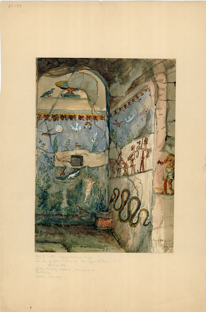 VII.2.14 Pompeii. May 1880. Looking towards west wall of garden room, with garden painting.
On the north wall was the lararium painting with serpent beneath.
On the side of the north wall was the painting of a man.
DAIR 83.123. Photo © Deutsches Archäologisches Institut, Abteilung Rom, Arkiv.
