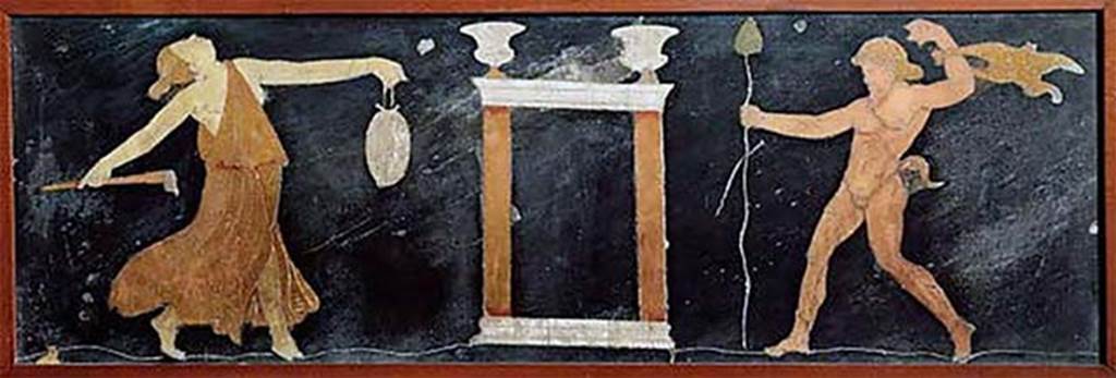 VII.2.38 Pompeii. Found on 22nd May 1845.  Dionysiac scene in coloured marble. 
Now in Naples Archaeological Museum. Inventory number 9977.
According to PAH II, 440, two opus sectile panels were found in VII.2.38.
According to Naples Museum and PPM, these were found in VII.4.31/51.
See Carratelli, G. P., 1990-2003. Pompei: Pitture e Mosaici.  Roma: Istituto della enciclopedia italiana. (245-13-14).
See Pagano, M., and Prisciandaro, R., 2006. Studio sulle provenienze degli oggetti rinvenuti negli scavi borbonici del regno di Napoli: Naples : Nicola Longobardi. (p.160-1). 
