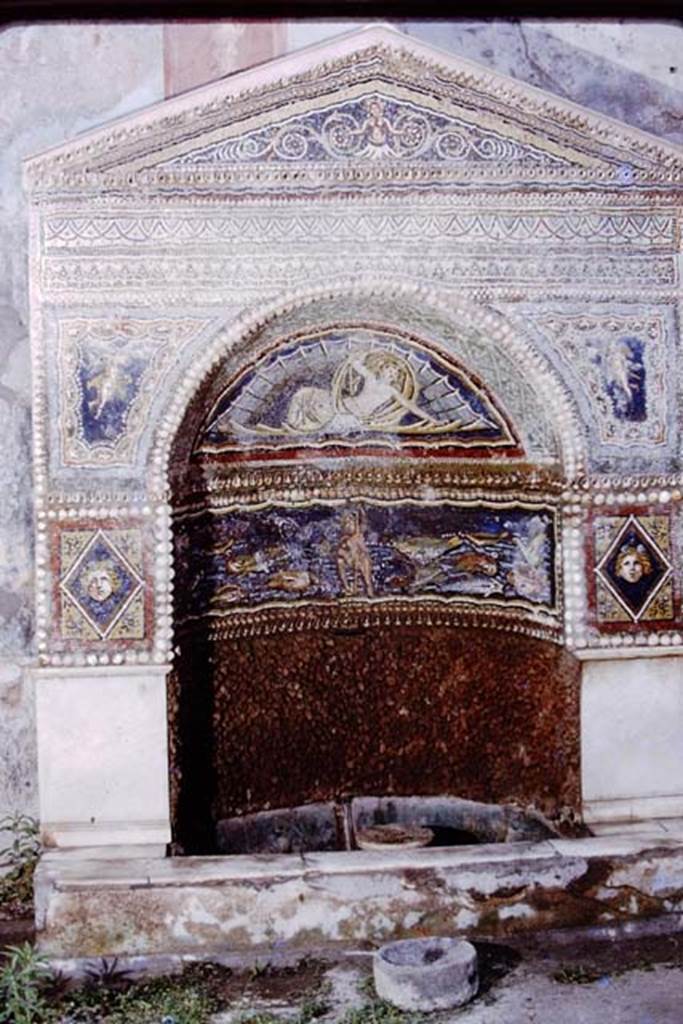 VII.2.45 Pompeii, 1978. Mosaic fountain. Photo by Stanley A. Jashemski.   
Source: The Wilhelmina and Stanley A. Jashemski archive in the University of Maryland Library, Special Collections (See collection page) and made available under the Creative Commons Attribution-Non Commercial License v.4. See Licence and use details. J78f0042
