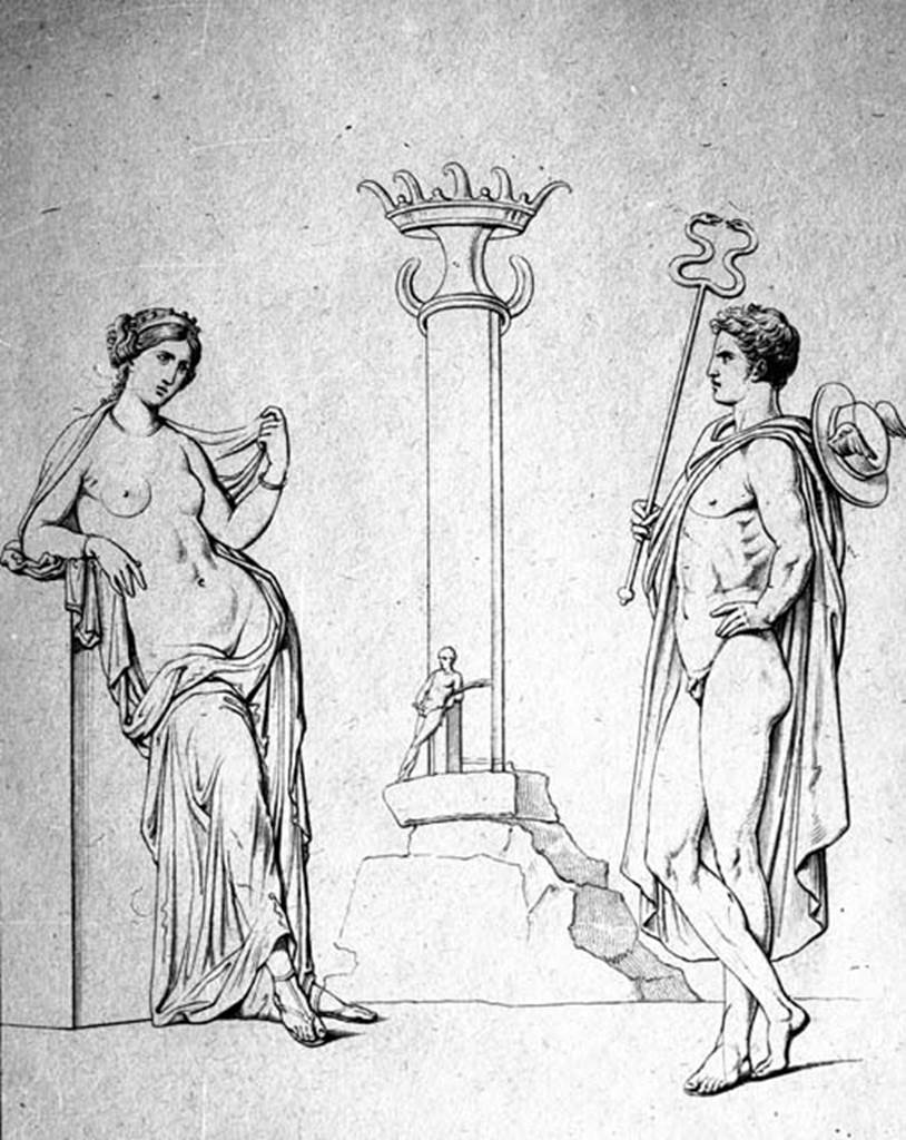 VII.4.23 Pompeii. W.18. Drawing of Mercury, Venus and statue of Priapus, found painted on the external pilaster between numbers 23 and 24.
See Real Museo Borbonico, 1, tav.32.
See Helbig, W., 1868. Wandgemlde der vom Vesuv verschtteten Stdte Campaniens. Leipzig: Breitkopf und Hrtel. (20)
Photo by Tatiana Warscher. With kind permission of DAI Rome, whose copyright it remains. 

Found painted in red and black in November 1821 on this pilaster was 
M(arcum)  Cerrinium  aed(ilem)  d(ignum)  r(ei)  p(ublicae)  o(ro)  v(os)  f(aciatis)     [CIL IV 556]
and underneath it was 
Marcellum
aed(ilem) rog(at)     [CIL IV 557]
See Pagano, M. and Prisciandaro, R., 2006. Studio sulle provenienze degli oggetti rinvenuti negli scavi borbonici del regno di Napoli.  Naples : Nicola Longobardi. 
(p. 123)
