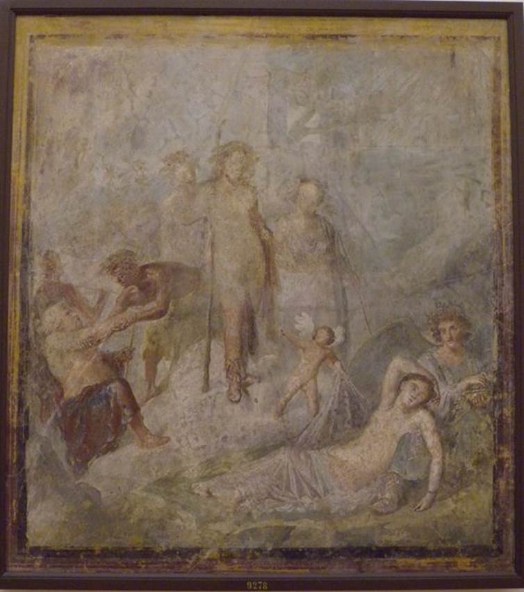 VII.4.31/51 Pompeii.  Room 20, west wall of oecus.  
Wall painting of Dionysus discovering the sleeping Ariadne on the island of Naxos.
Dionysus stands in the centre holding a thyrsus and with a look of wonderment on his face.  
Ariadne sleeps at the knees of Hypnos.  
A cupid draws back part of the robe covering Ariadne and points.  
An old Silenus supports himself with a staff and is being helped by one of the procession of satyrs and maenads.
See Helbig, W., 1868. Wandgemälde der vom Vesuv verschütteten Städte Campaniens. Leipzig: Breitkopf und Härtel.  (1237).
Now in Naples Archaeological Museum. Inventory number 9278.
Kuivalainen comments –
“The composition is divided into three events, from the awakening Ariadne to an admiring Bacchus and to old Silenus trying to get up to share in the scene.”
See Kuivalainen, I., 2021. The Portrayal of Pompeian Bacchus. Commentationes Humanarum Litterarum 140. Helsinki: Finnish Society of Sciences and Letters, p.149, E11.

