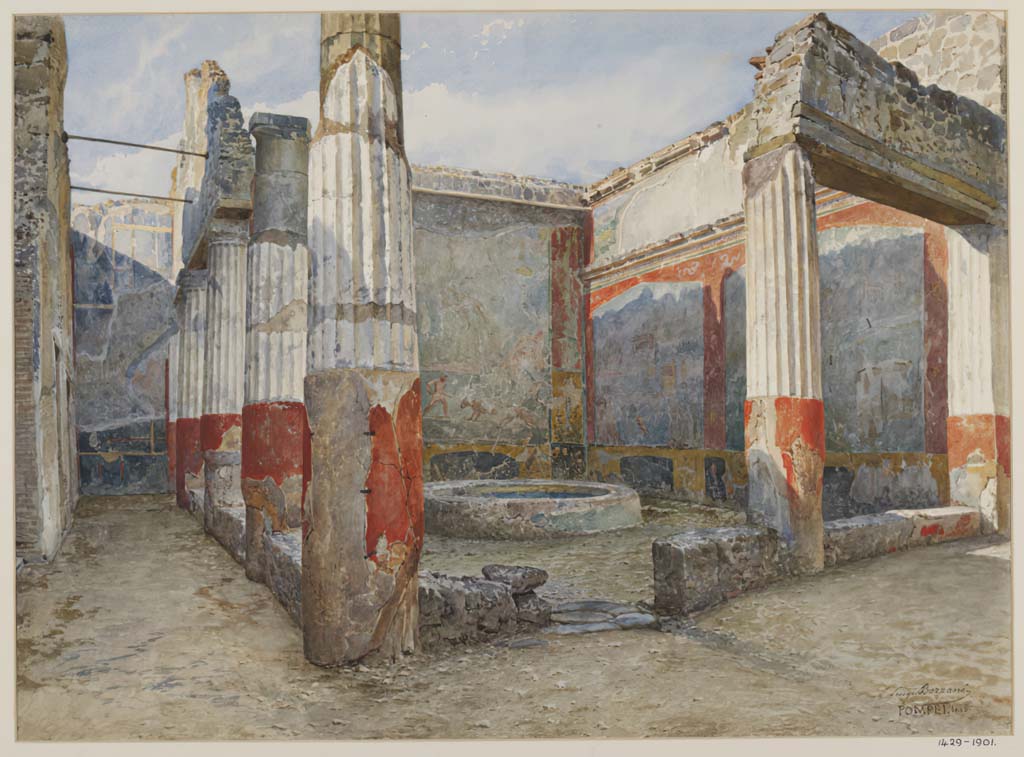 VII.4.48 Pompeii. c.1889? Watercolour by Luigi Bazzani, looking south-west across peristyle garden.
Photo  Victoria and Albert Museum. Inventory number 1429-1901.
