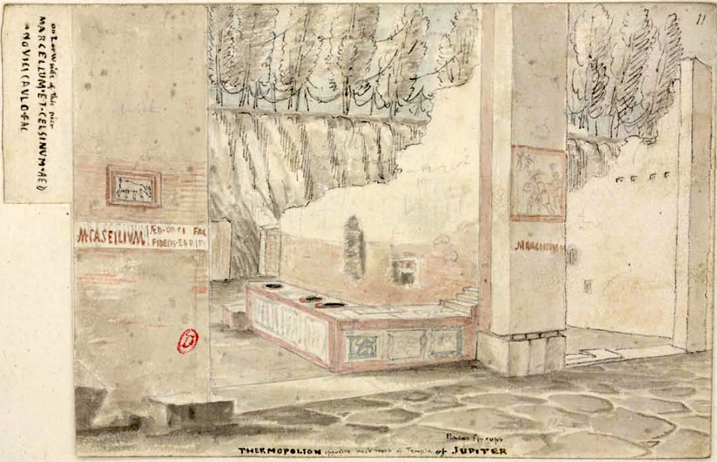 VII.5.14 Pompeii, on left. Between 1819 and 1832, sketch by W. Gell showing "Thermopolion opposite back front of Temple of Jupiter".
Shown on the right is the marble clad counter and on the left pilaster below the plaque is the inscription 
M(arcum)  Casellium //
aed(ilem)  d(ignum)  r(ei)  p(ublicae)  fac(it)
Fidelis  Fbrli      [CIL IV 540]
See Gell, W. Pompeii unpublished [Dessins de l'dition de 1832 donnant le rsultat des fouilles post 1819 (?)] vol II, pl. 72.
Bibliothque de l'Institut National d'Histoire de l'Art, collections Jacques Doucet, Identifiant numrique Num MS180 (2).
See book in INHA Use Etalab Licence Ouverte
