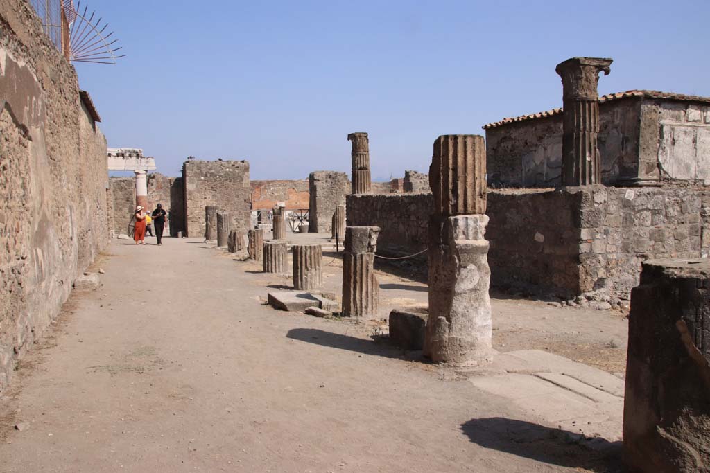 VII.7.32 Pompeii. September 2019. Looking east along north side of colonnade. Photo courtesy of Klaus Heese.
Cooke, Cockburn, and Donaldson wrote -
At the end of the court, opposite the entrance, was a small chamber, which possesses an invaluable picture of Bacchus and Silenus, the former holding the thyrsus in one hand and a vase in the other; Silenus appears with his lyre instructing the god. A small niche is in the wall, apparently for the reception of a statue or lares.
See Cooke, Cockburn, Donaldson: Pompeii, Pt 1, 1827, (p.55)
According to Garcia y Garcia 
Because of the bombardment in 1943 there was much damage to the temple: it was hit by two bombs during the night of 13th September, when the west portico with the demolition of part of the stylobate, four columns and the demolition of an 8m part of the perimeter wall to the west were hit. Hit again by a successive incursion, there followed the demolition of the north-east corner of the portico with fallen and partial loss of the IV Style painted plaster; the felling of part of the north perimeter wall, of four columns from the north portico and of the stylobate that surrounded the temple. The rear room to the north of the portico was completely destroyed. The painting of Bacchus and Silenus is now in the Naples Archaeological Museum.
This small room, perhaps used by the priest, became to be known as the chamber of Bacchus.
See Garcia y Garcia, L., 2006. Danni di guerra a Pompei. Rome: LErma di Bretschneider. (p.111-112).




