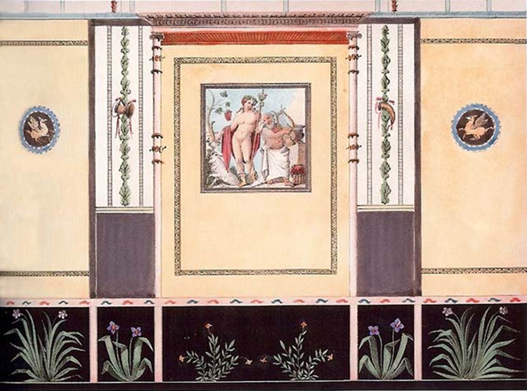 VII.7.30/32 Pompeii. 1834 painting of the wall of the small room with the painting of Bacchus and Silenus.
Bacchus was holding the thyrsus in one hand and an upended cup in the other; Silenus was playing his lyre for the god. 
Mazois could not understand why the artist had drawn a Billy goat rather than the panther seen in the original.
See Mazois, F., 1838. Les Ruines de Pompei : Quatrime Partie. Paris: Didot Frres, p. 39, note (1), pl. XLII.

