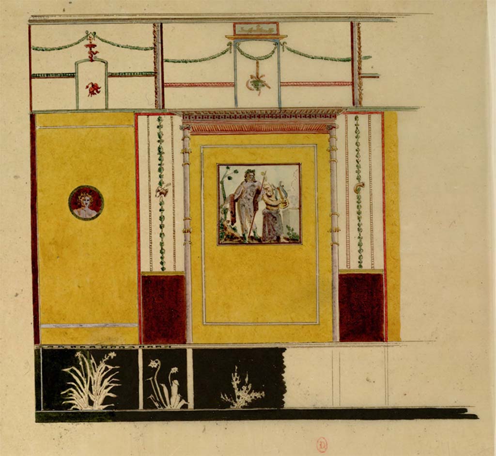VII.7.30/32 Pompeii. c.1817. Watercolour sketch by Chenavard of part of wall decoration with painting of Bacchus and Silenus.
See Chenavard, Antoine-Marie (1787-1883) et al. Voyage d'Italie, croquis Tome 3, pl. 108.
INHA Identifiant numrique : NUM MS 703 (3). See Book on INHA 
Document plac sous  Licence Ouverte / Open Licence  Etalab   
