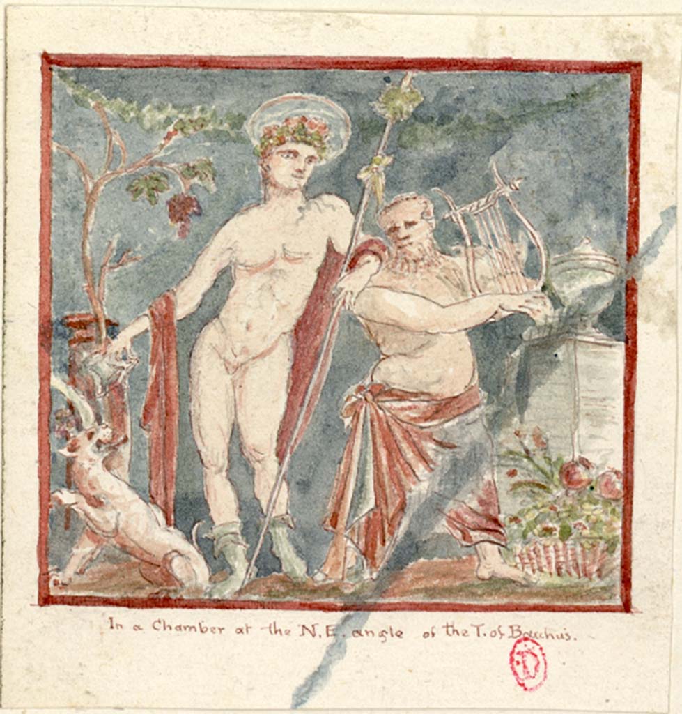 VII.7.30/32 Pompeii. c.1819 painting by W. Gell painting of Bacchus and Silenus, from a chamber at the N.E angle of the Temple of Bacchus.
See Gell W & Gandy, J.P: Pompeii published 1819 [Dessins publis dans l'ouvrage de Sir William Gell et John P. Gandy, Pompeiana: the topography, edifices and ornaments of Pompei, 1817-1819], pl. 66.
See book in Bibliothque de l'Institut National d'Histoire 