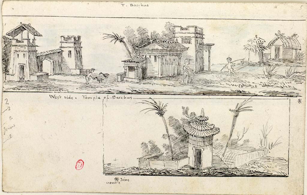 VII.7.32 Pompeii. c.1819 two sketches by W. Gell of paintings from west side of Temple of Bacchus.
(Note, the lower drawing continues from the right side of the upper drawing).
See Gell W & Gandy, J.P: Pompeii published 1819 [Dessins publiés dans l'ouvrage de Sir William Gell et John P. Gandy, Pompeiana: the topography, edifices and ornaments of Pompei, 1817-1819], pl. 64.
See book in Bibliothèque de l'Institut National d'Histoire de l'Art [France], collections Jacques Doucet Gell Dessins 1817-1819
Use Etalab Open Licence ou Etalab Licence Ouverte
