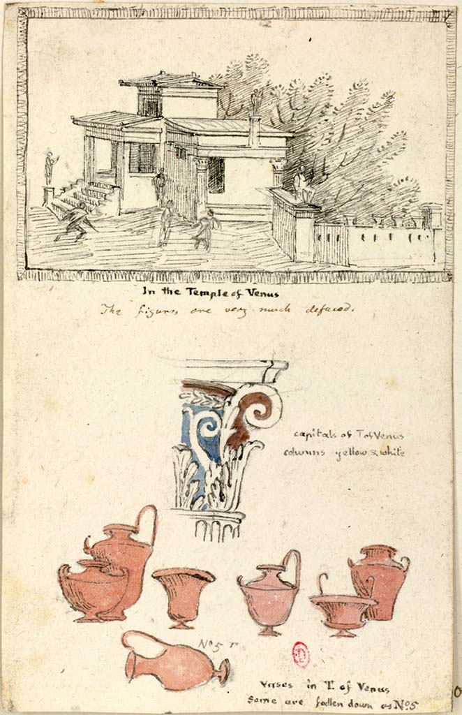 VII.7.32 Pompeii. c.1819 sketch by W. Gell of painting from Temple of Venus, stating “the figures are very much defaced”, (from an unknown location within), together with sketch of a capital, and some vases from the temple.
See Gell W & Gandy, J.P: Pompeii published 1819 [Dessins publiés dans l'ouvrage de Sir William Gell et John P. Gandy, Pompeiana: the topography, edifices and ornaments of Pompei, 1817-1819], pl. 68.
See book in Bibliothèque de l'Institut National d'Histoire de l'Art [France], collections Jacques Doucet Gell Dessins 1817-1819
Use Etalab Open Licence ou Etalab Licence Ouverte
