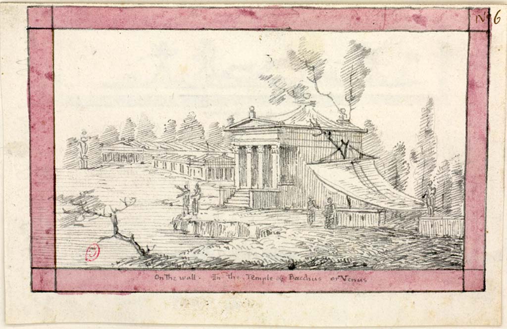VII.7.32 Pompeii. c.1819 sketch by W. Gell of painting from wall in the Temple of Bacchus or Venus, (from an unknown location within).
See Gell W & Gandy, J.P: Pompeii published 1819 [Dessins publiés dans l'ouvrage de Sir William Gell et John P. Gandy, Pompeiana: the topography, edifices and ornaments of Pompei, 1817-1819], pl. 71.
See book in Bibliothèque de l'Institut National d'Histoire de l'Art [France], collections Jacques Doucet Gell Dessins 1817-1819
Use Etalab Open Licence ou Etalab Licence Ouverte
