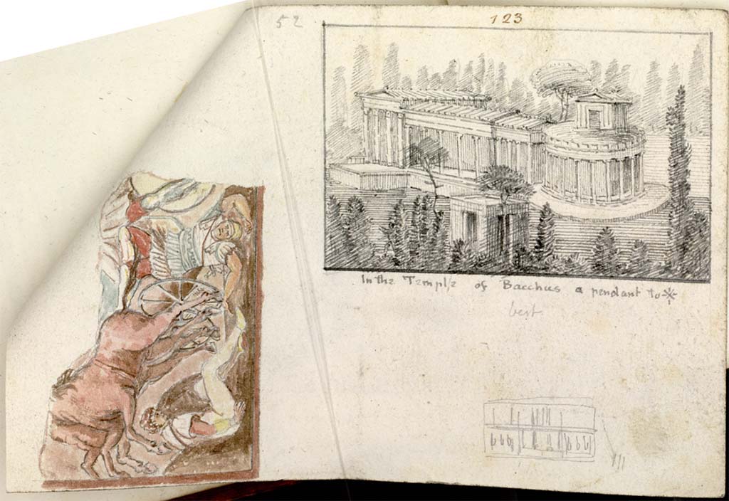 VII.7.32 Pompeii. c.1819 sketch by W. Gell of painting from the “in the Temple of Bacchus a pendant to *”, (but from unknown location within).
The painting on the left seems to be referred to as "Hector", but no other detail is given, so it may not be from here.
See Gell W & Gandy, J.P: Pompeii published 1819 [Dessins publiés dans l'ouvrage de Sir William Gell et John P. Gandy, Pompeiana: the topography, edifices and ornaments of Pompei, 1817-1819], pl. 63 verso.
See book in Bibliothèque de l'Institut National d'Histoire de l'Art [France], collections Jacques Doucet Gell Dessins 1817-1819
Use Etalab Open Licence ou Etalab Licence Ouverte

