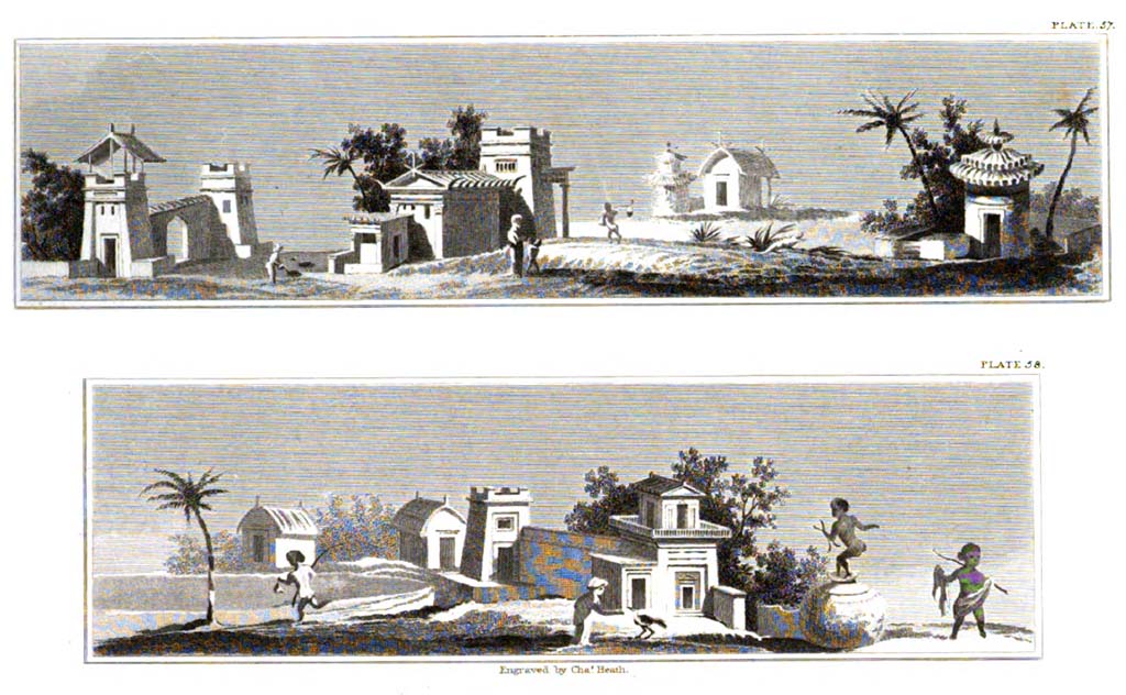 VII.7.32 Pompeii. c.1821, copy by Gell of two landscape paintings.
According to Gell,
“These paintings are highly curious, as exhibiting some resemblance of houses, perhaps in situations removed from the immediate protection of a town, or where it might be considered expedient in their construction to afford the means of defence. Each is separate and provided with a tower.”
See Gell, W, and Gandy J. P., 1821. Pompeiana: 2nd edition. London: Rodwell and Martin, (p.232-3, plates LVII and LVIII)
