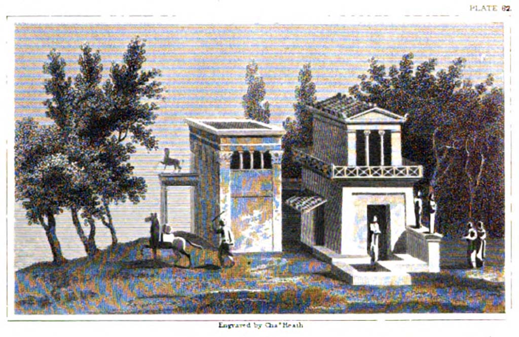 VII.7.32 Pompeii. According to Gell – “This is an architectural subject, with a pyrgos [tower].”
See Gell, W, and Gandy J. P., 1821. Pompeiana: 2nd edition. London: Rodwell and Martin, (p.235, plate LXII)
