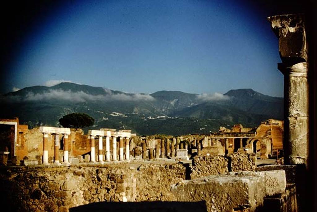 VII.8 Pompeii, 1968. Looking towards the south-east corner of the Forum.  Photo by Stanley A. Jashemski.
Source: The Wilhelmina and Stanley A. Jashemski archive in the University of Maryland Library, Special Collections (See collection page) and made available under the Creative Commons Attribution-Non Commercial License v.4. See Licence and use details. J68f0737
