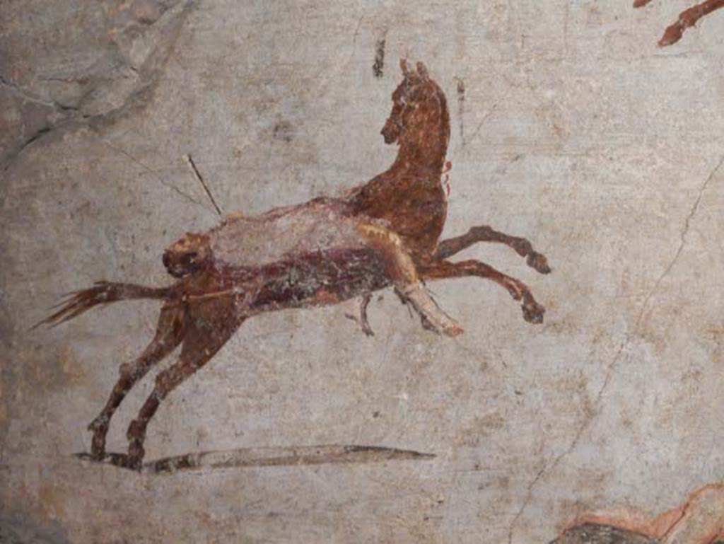 VII.15.2 Pompeii. May 2018. Detail from Slaughter of the Niobids from north wall of apodyterium/exedra.  
The children of Niobe are killed with poisoned arrows. Photo courtesy of Buzz Ferebee. 
Now in Naples Archaeological Museum. Inventory number 111479.
